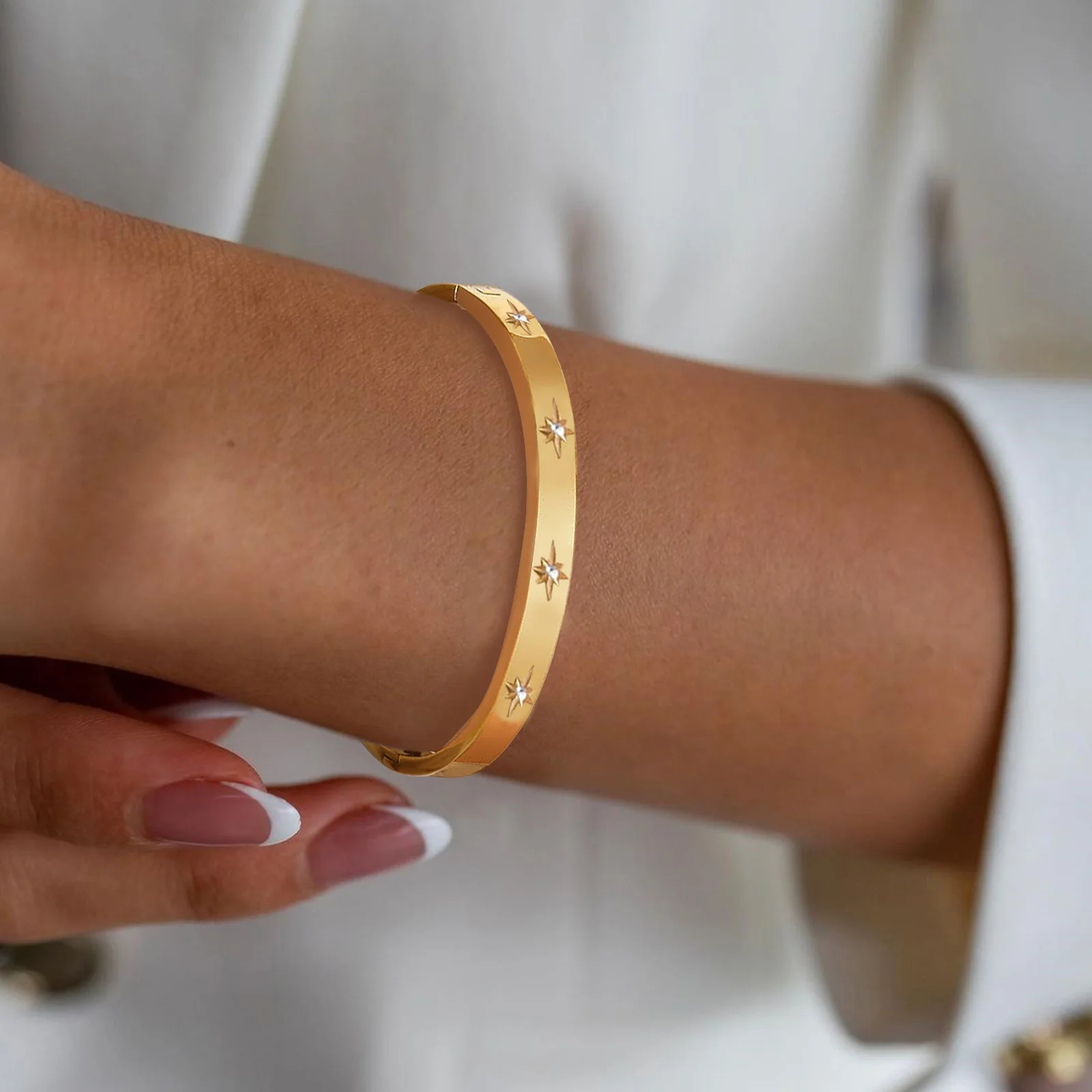 open adjustable star starburst cuff bangle bracelet for women stainless steel cubic zirconia inlay charm layered jewelry